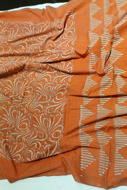 Orange Dabu handblock printed cotton saree