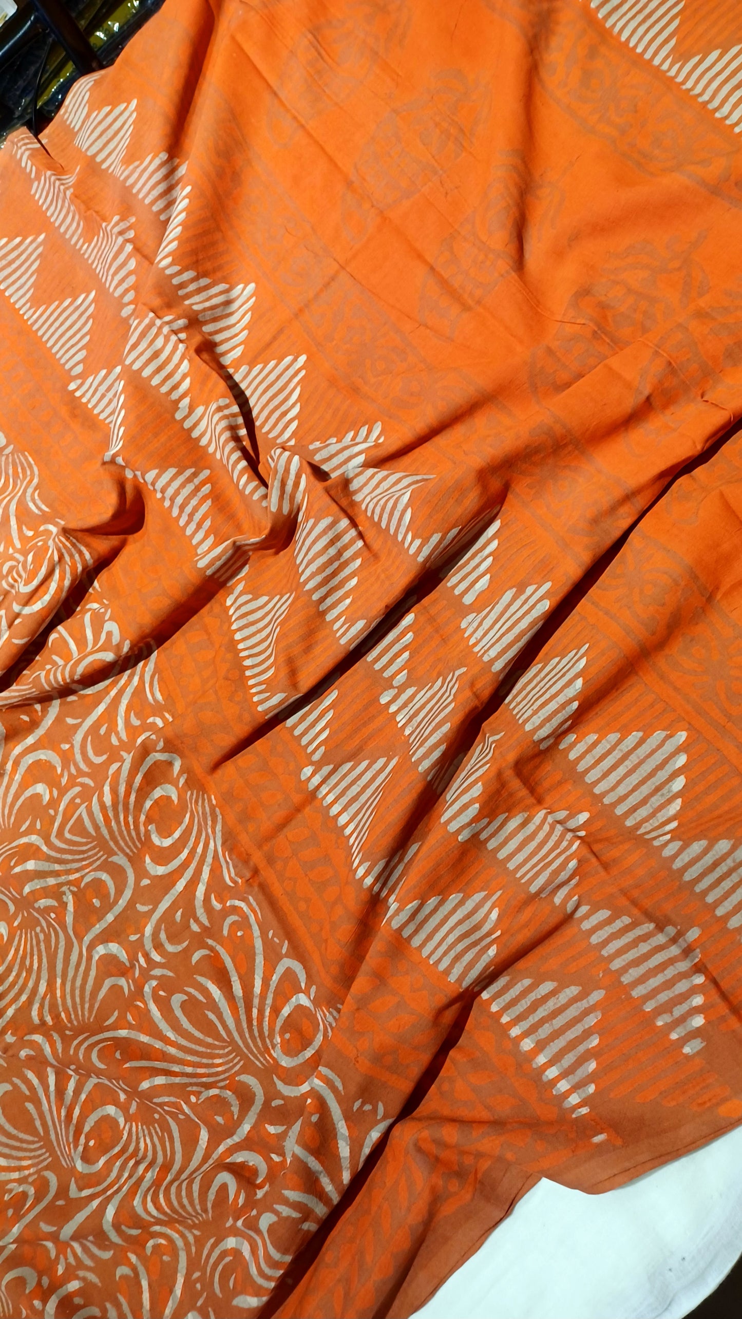 Orange Dabu handblock printed cotton saree