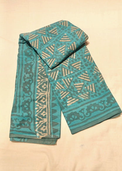 Pale Turquoise blue Dabu handblock printed cotton saree