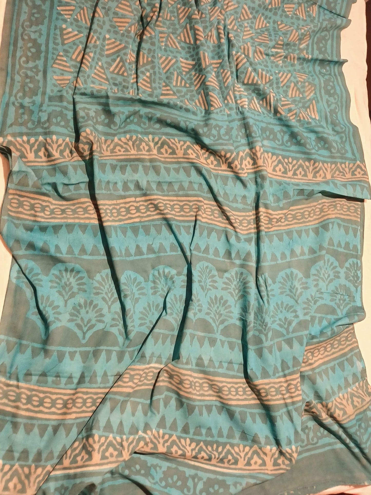 Pale Turquoise blue Dabu handblock printed cotton saree