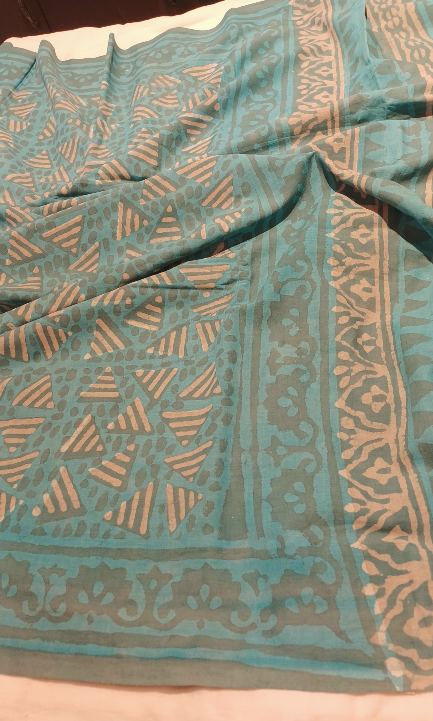 Pale Turquoise blue Dabu handblock printed cotton saree