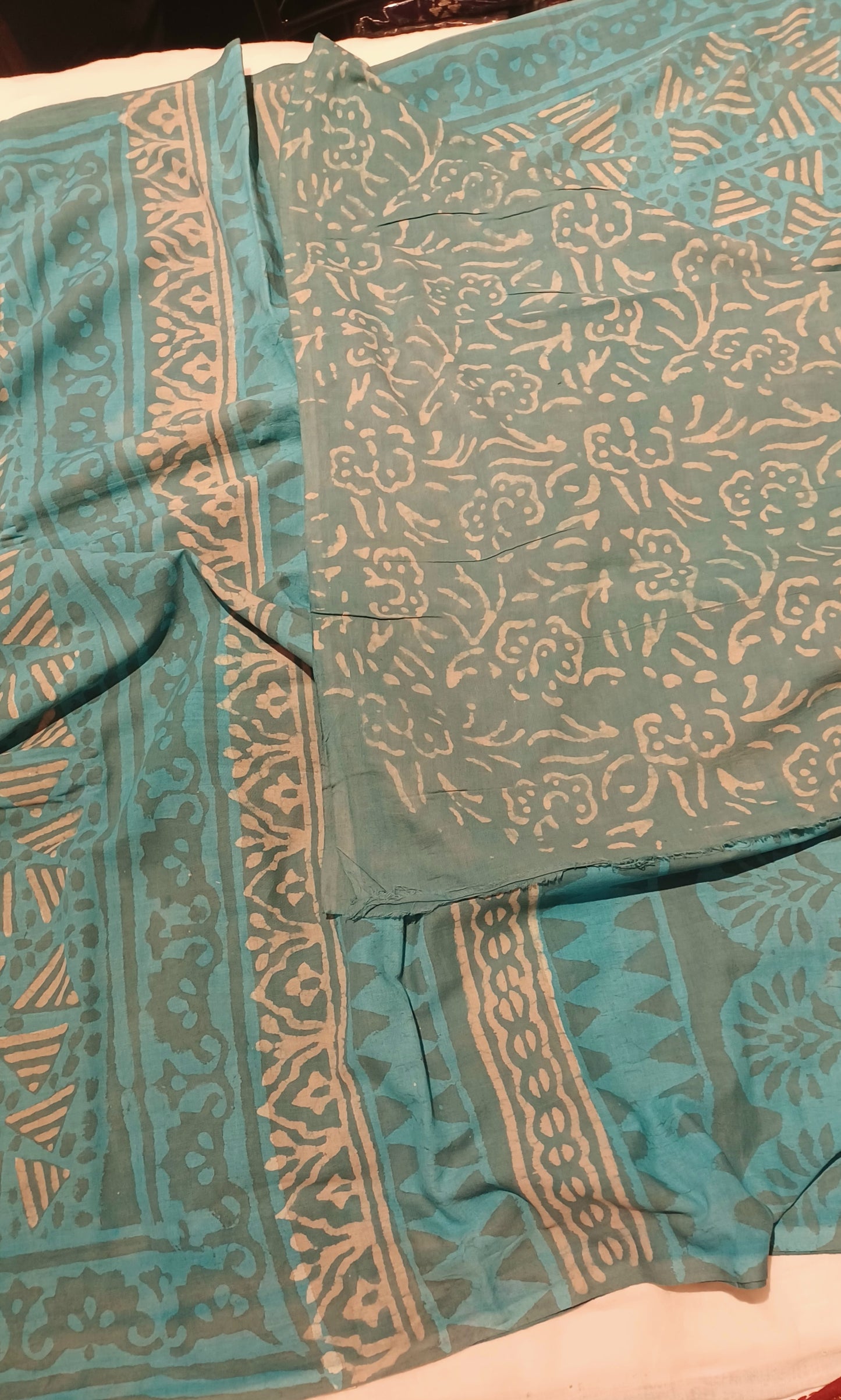 Pale Turquoise blue Dabu handblock printed cotton saree