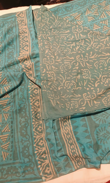 Pale Turquoise blue Dabu handblock printed cotton saree