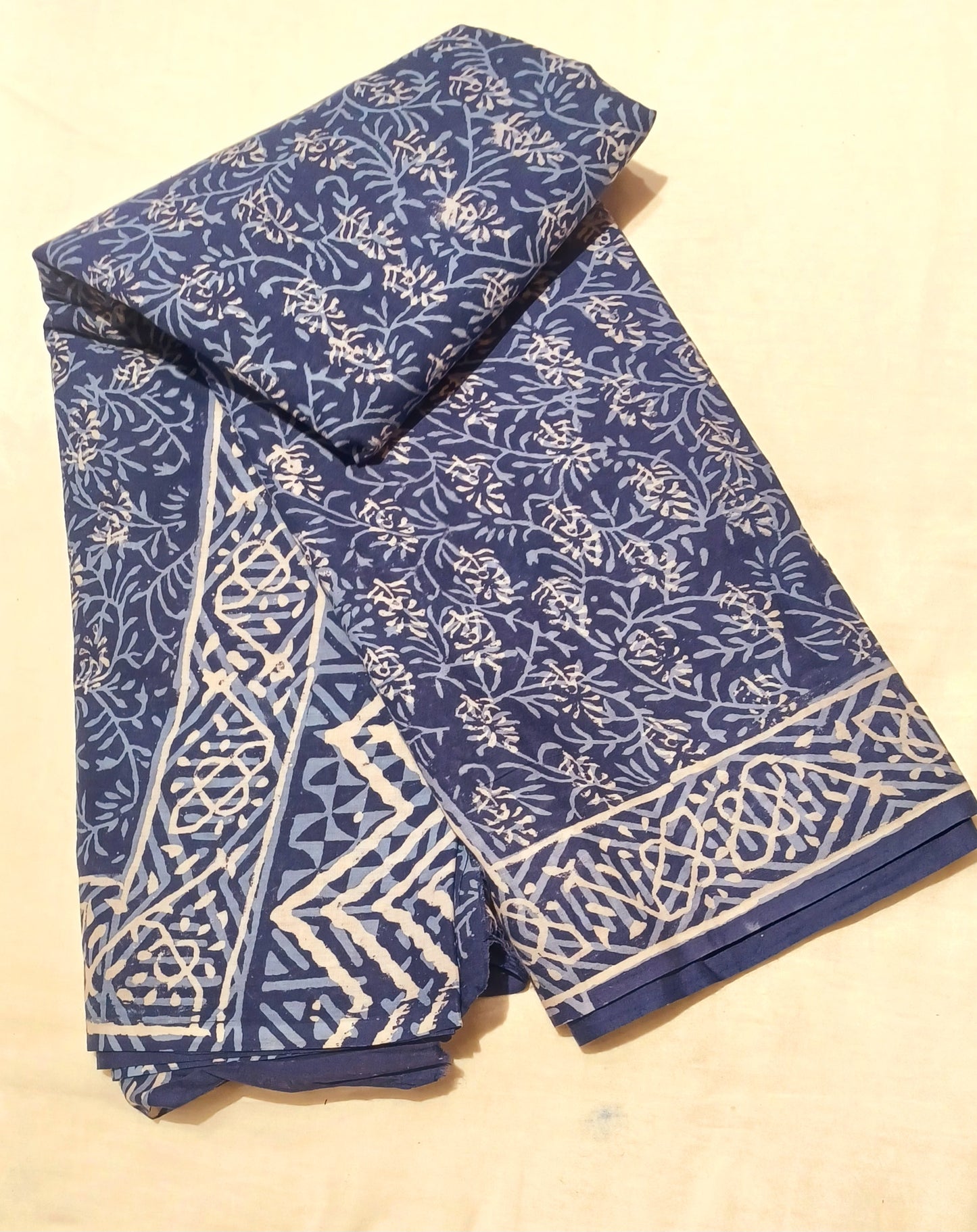 Indigo blue Dabu handblock printed cotton saree