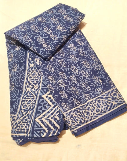 Indigo blue Dabu handblock printed cotton saree