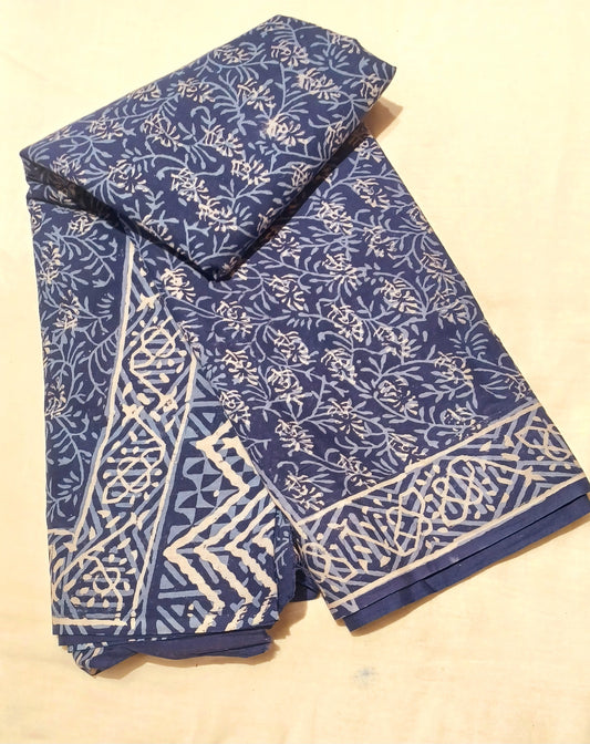 Indigo blue Dabu handblock printed cotton saree