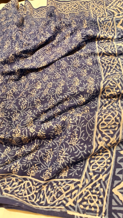 Indigo blue Dabu handblock printed cotton saree