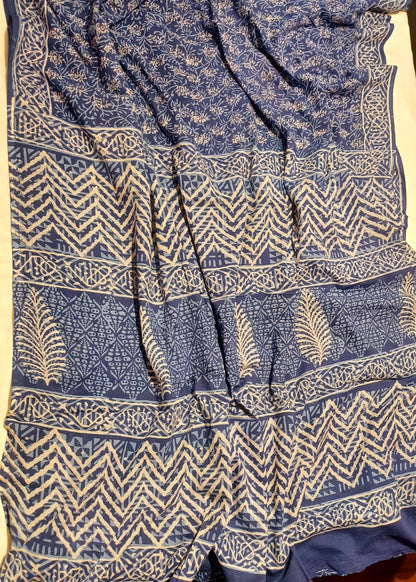 Indigo blue Dabu handblock printed cotton saree