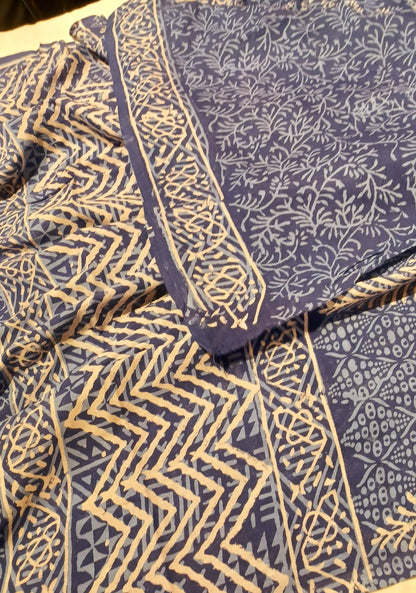 Indigo blue Dabu handblock printed cotton saree