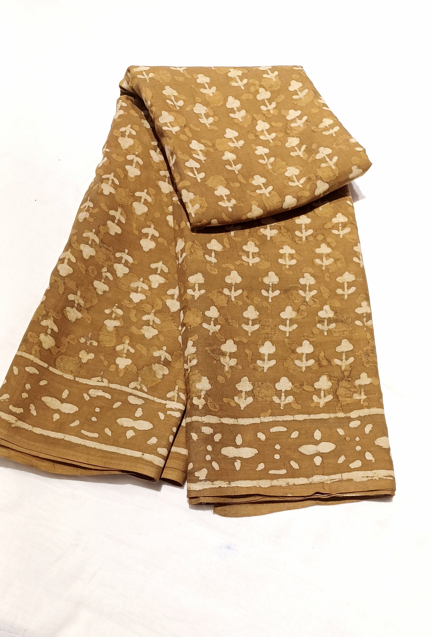 Mustard Brown Dabu handblock printed cotton saree