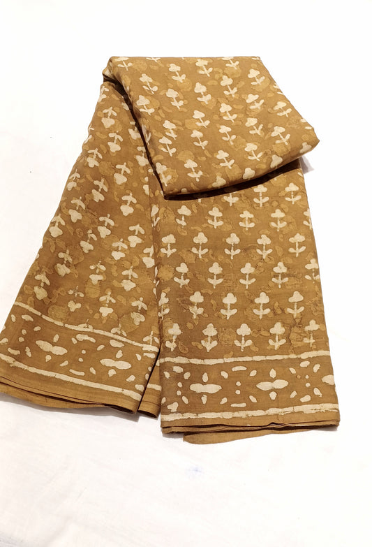 Mustard Brown Dabu handblock printed cotton saree