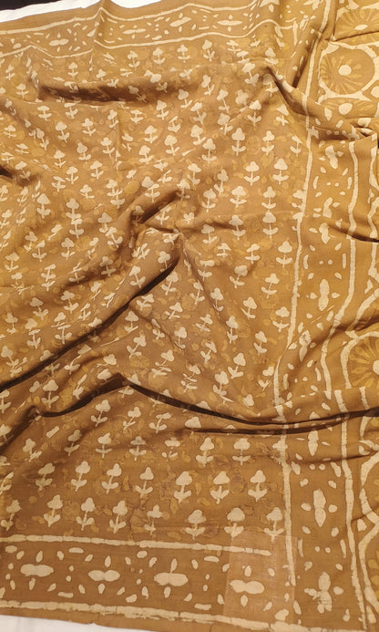 Mustard Brown Dabu handblock printed cotton saree