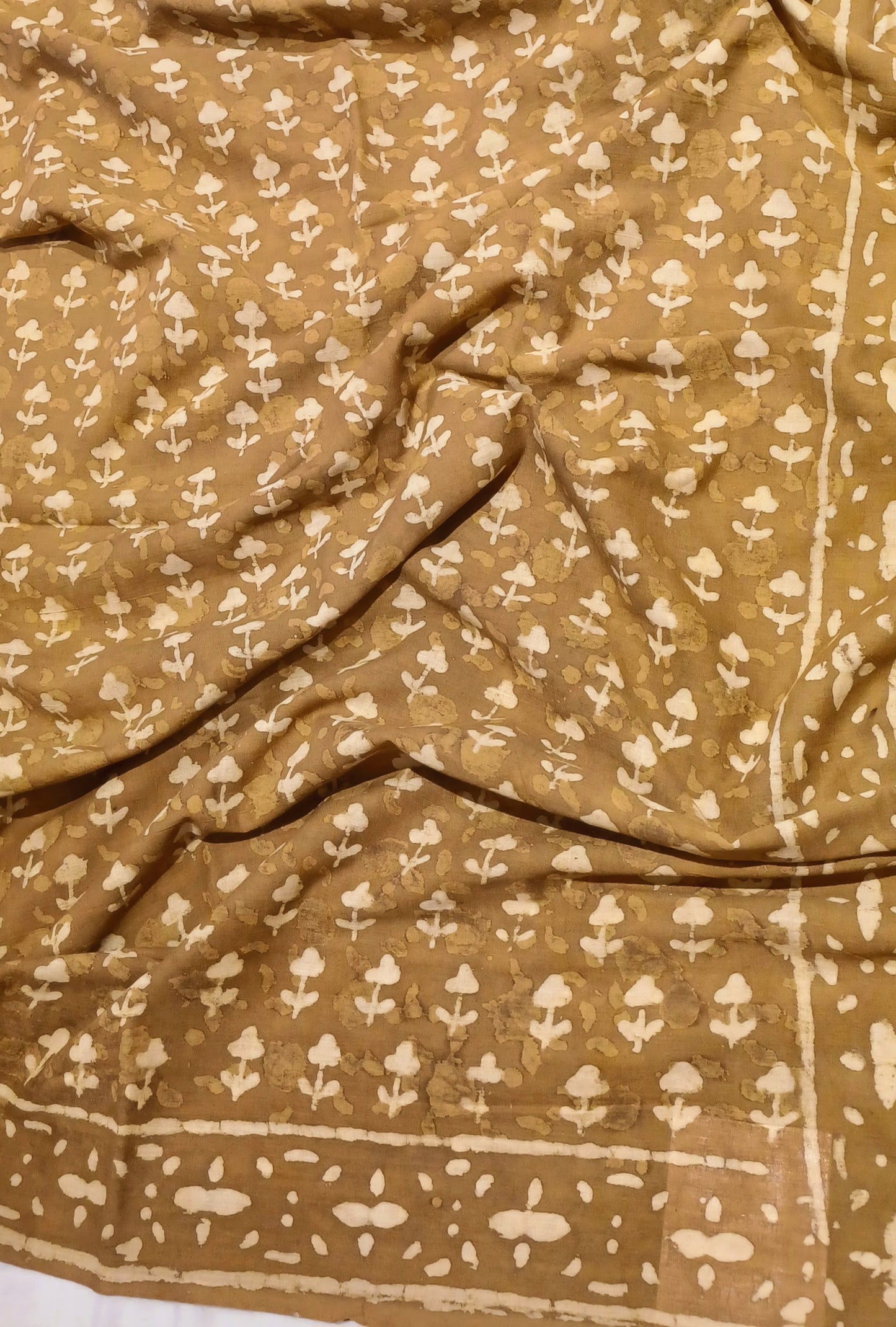 Mustard Brown Dabu handblock printed cotton saree