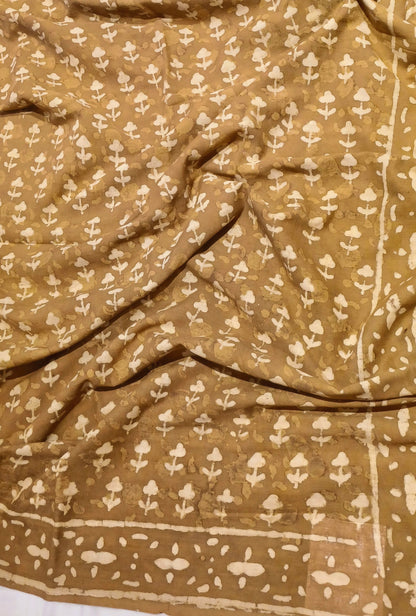 Mustard Brown Dabu handblock printed cotton saree