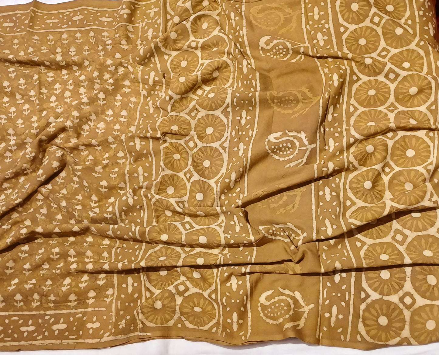 Mustard Brown Dabu handblock printed cotton saree