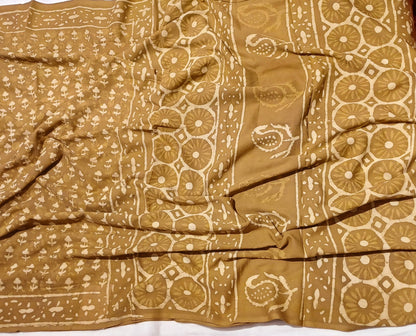 Mustard Brown Dabu handblock printed cotton saree