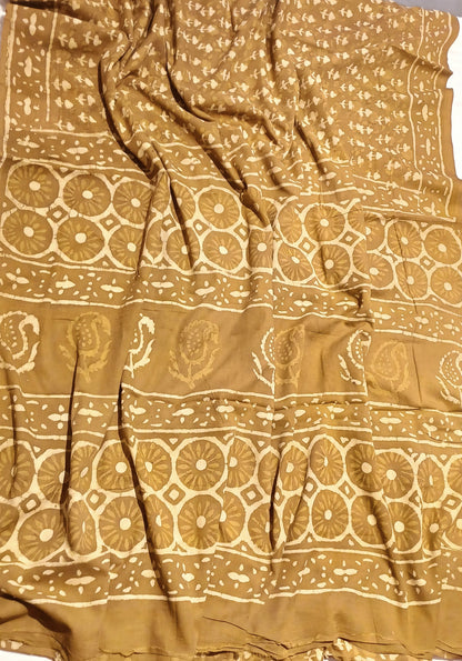 Mustard Brown Dabu handblock printed cotton saree