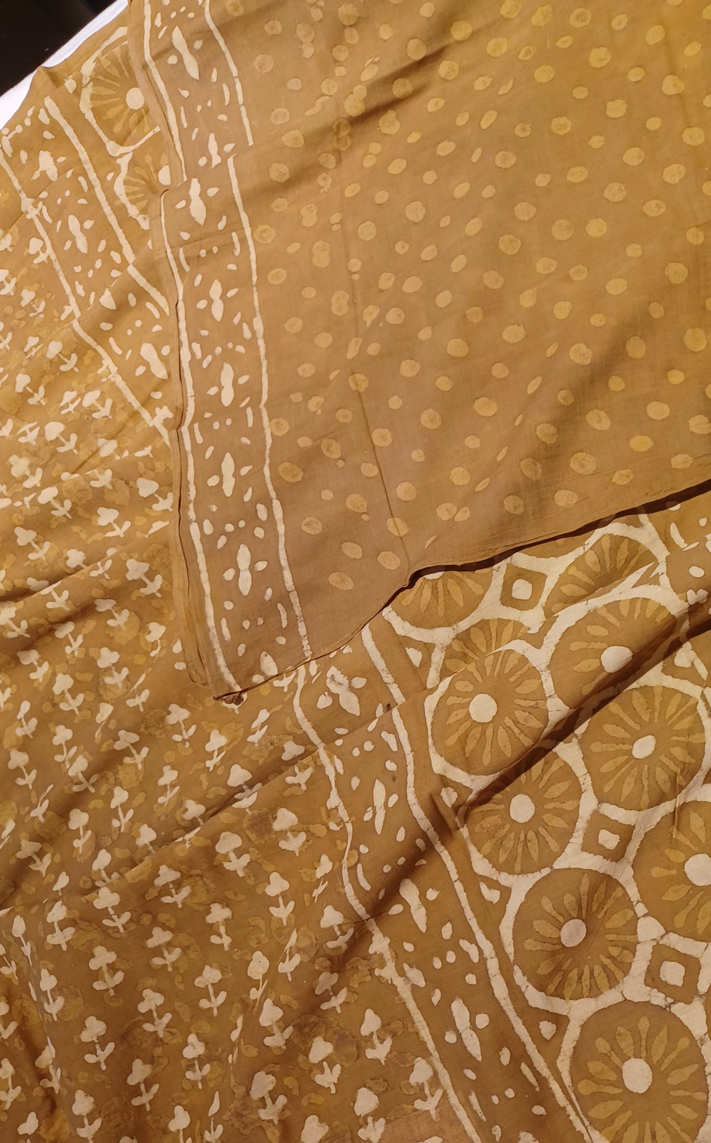 Mustard Brown Dabu handblock printed cotton saree