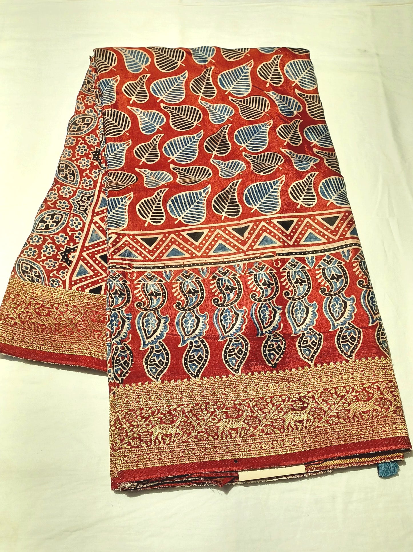 Red with Indigo and black Dola Silk Ajrakh print saree