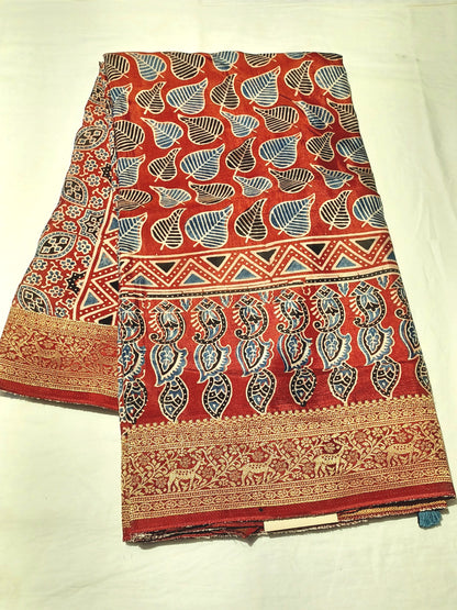 Red with Indigo and black Dola Silk Ajrakh print saree