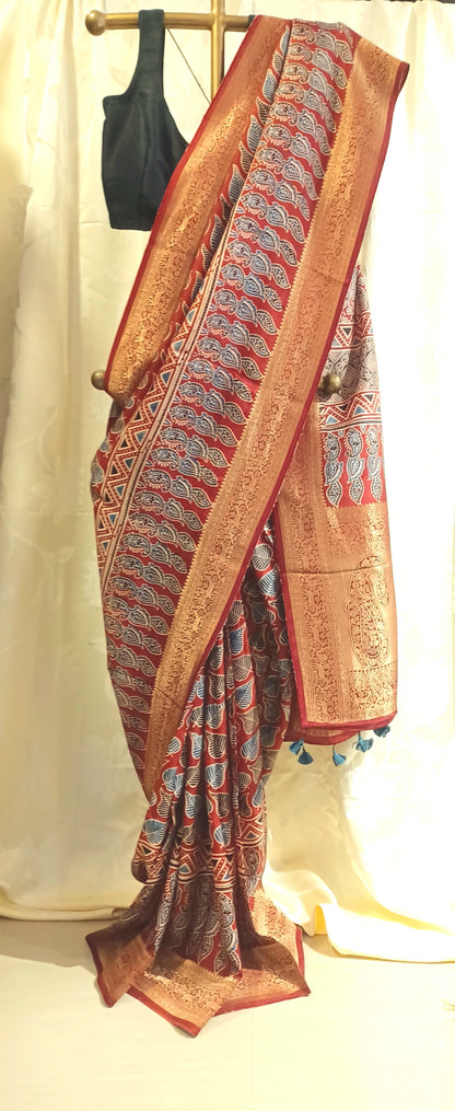 Red with Indigo and black Dola Silk Ajrakh print saree