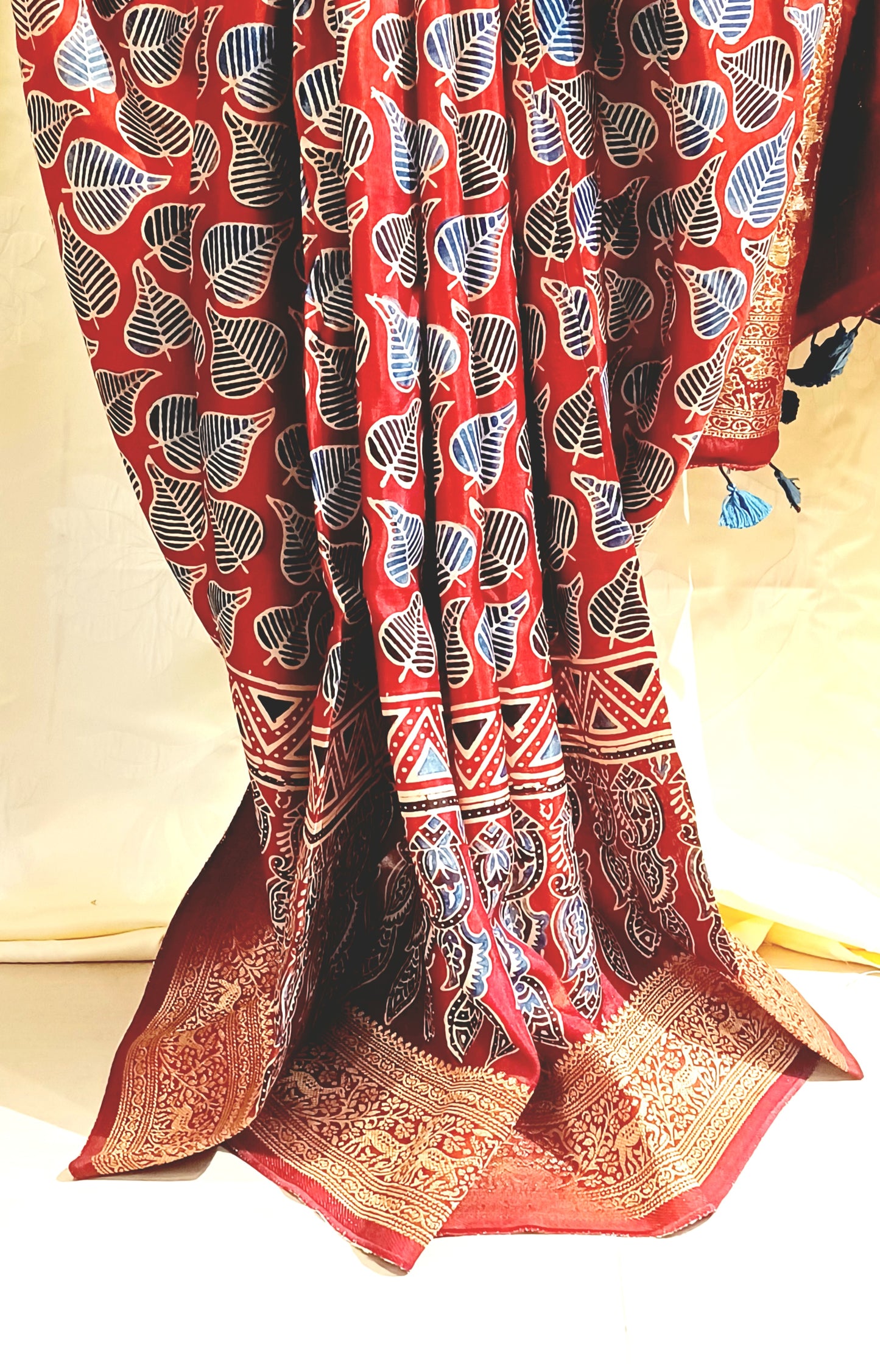 Red with Indigo and black Dola Silk Ajrakh print saree