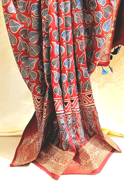 Red with Indigo and black Dola Silk Ajrakh print saree