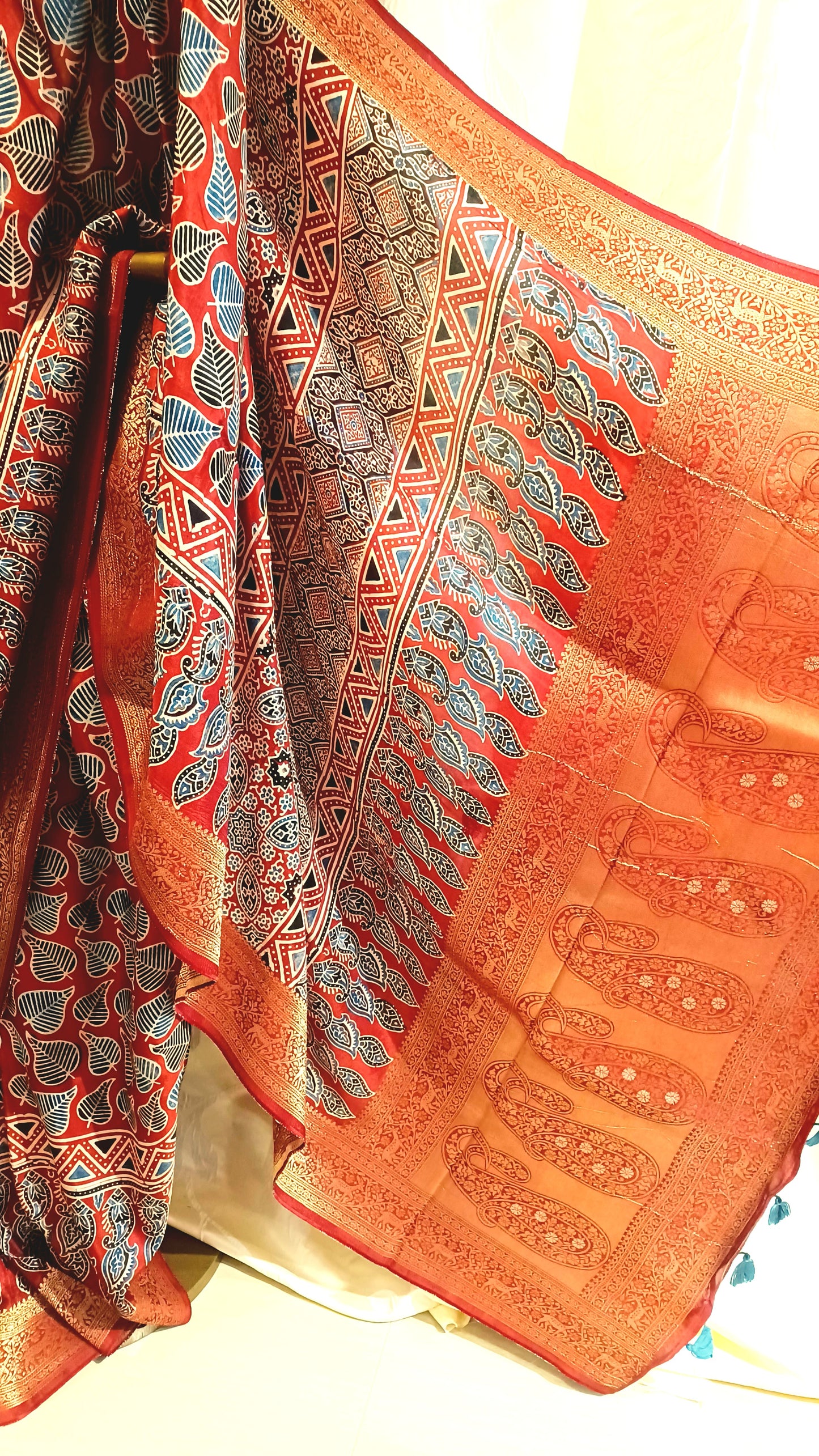 Red with Indigo and black Dola Silk Ajrakh print saree