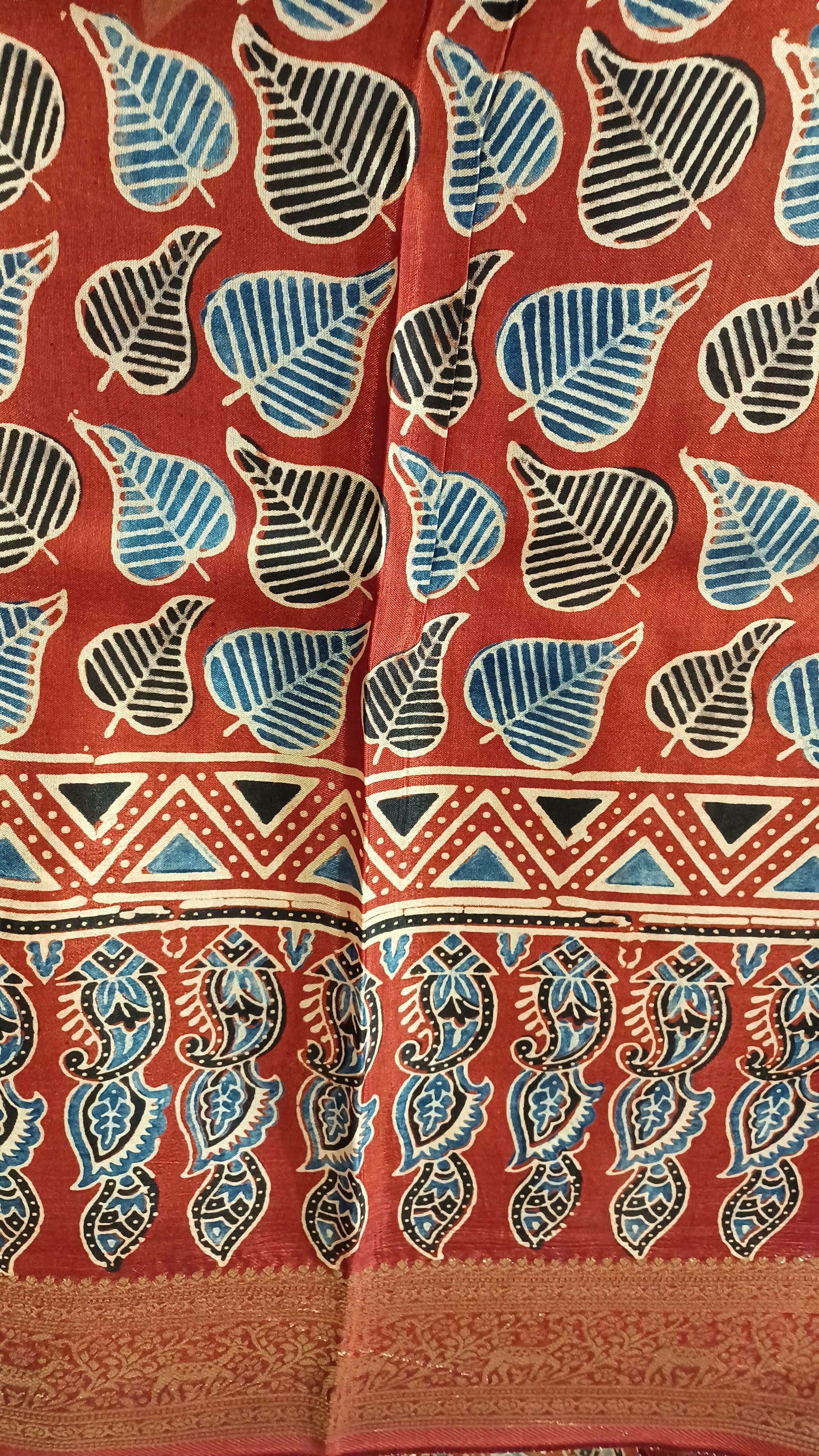 Red with Indigo and black Dola Silk Ajrakh print saree