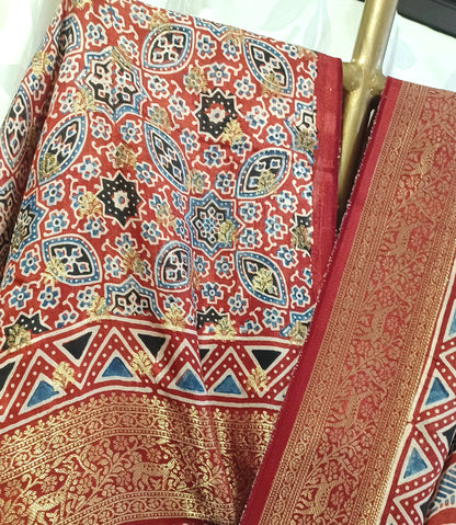 Red with Indigo and black Dola Silk Ajrakh print saree
