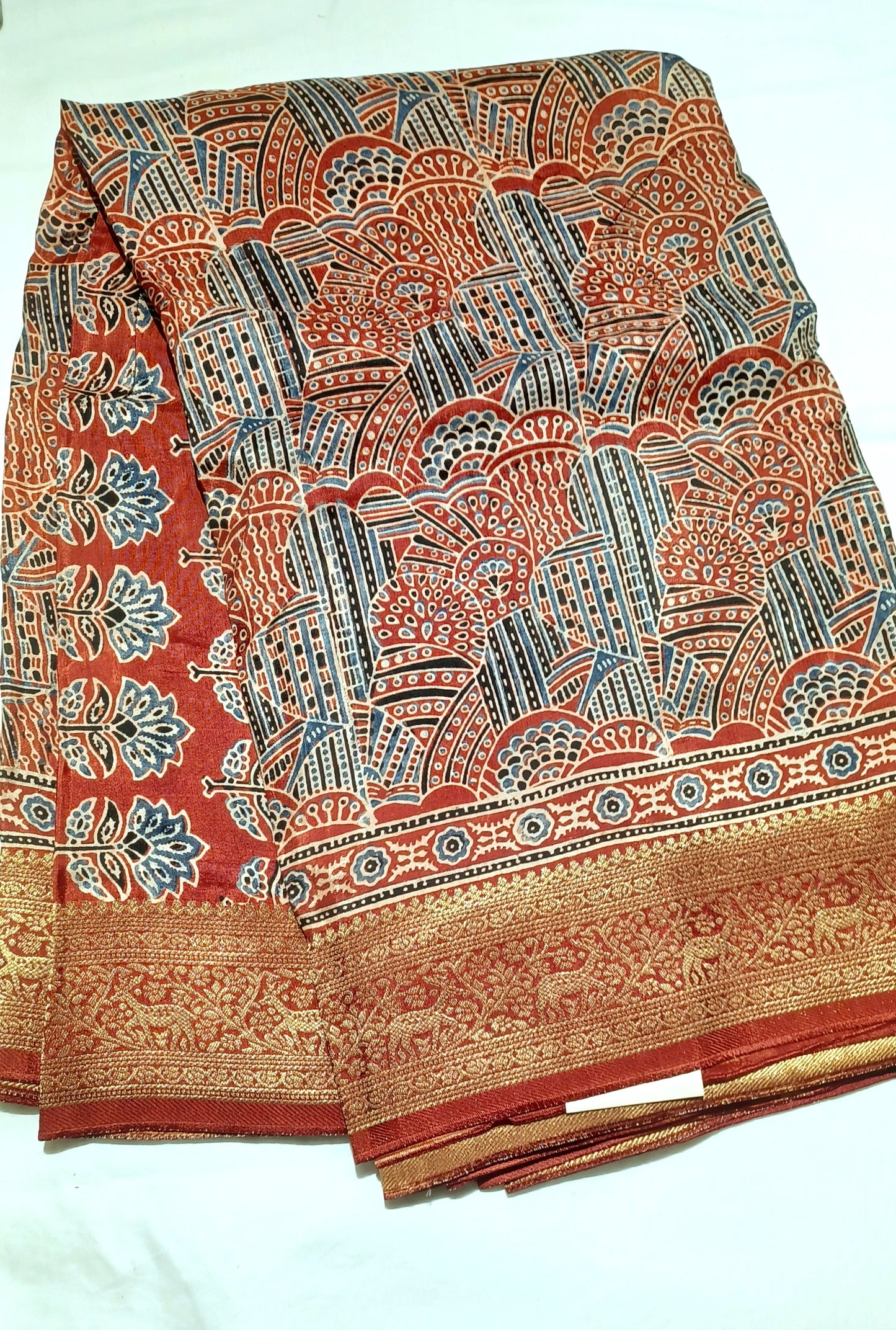 Red with Indigo and black Dola Silk Ajrakh print saree