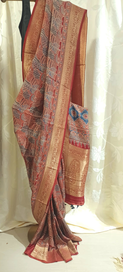 Red with Indigo and black Dola Silk Ajrakh print saree