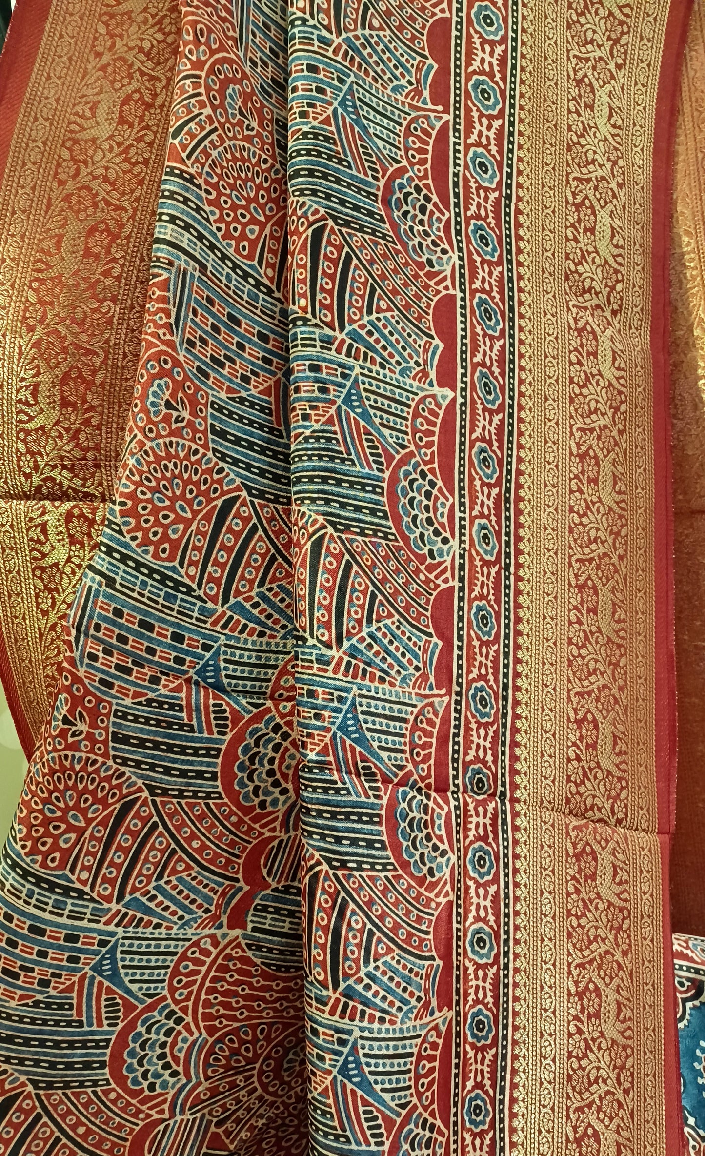 Red with Indigo and black Dola Silk Ajrakh print saree