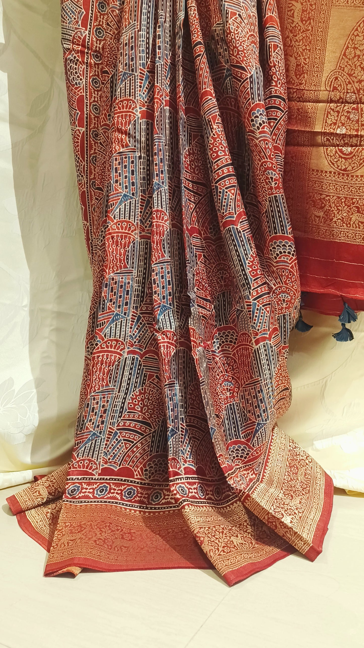 Red with Indigo and black Dola Silk Ajrakh print saree