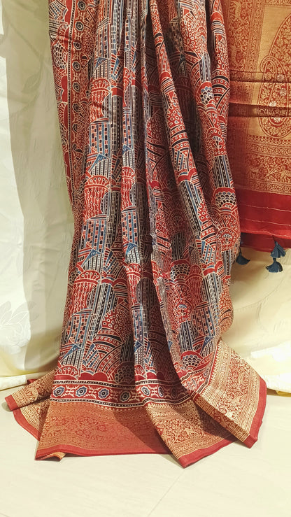 Red with Indigo and black Dola Silk Ajrakh print saree