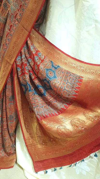 Red with Indigo and black Dola Silk Ajrakh print saree