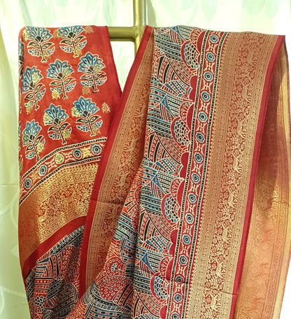 Red with Indigo and black Dola Silk Ajrakh print saree