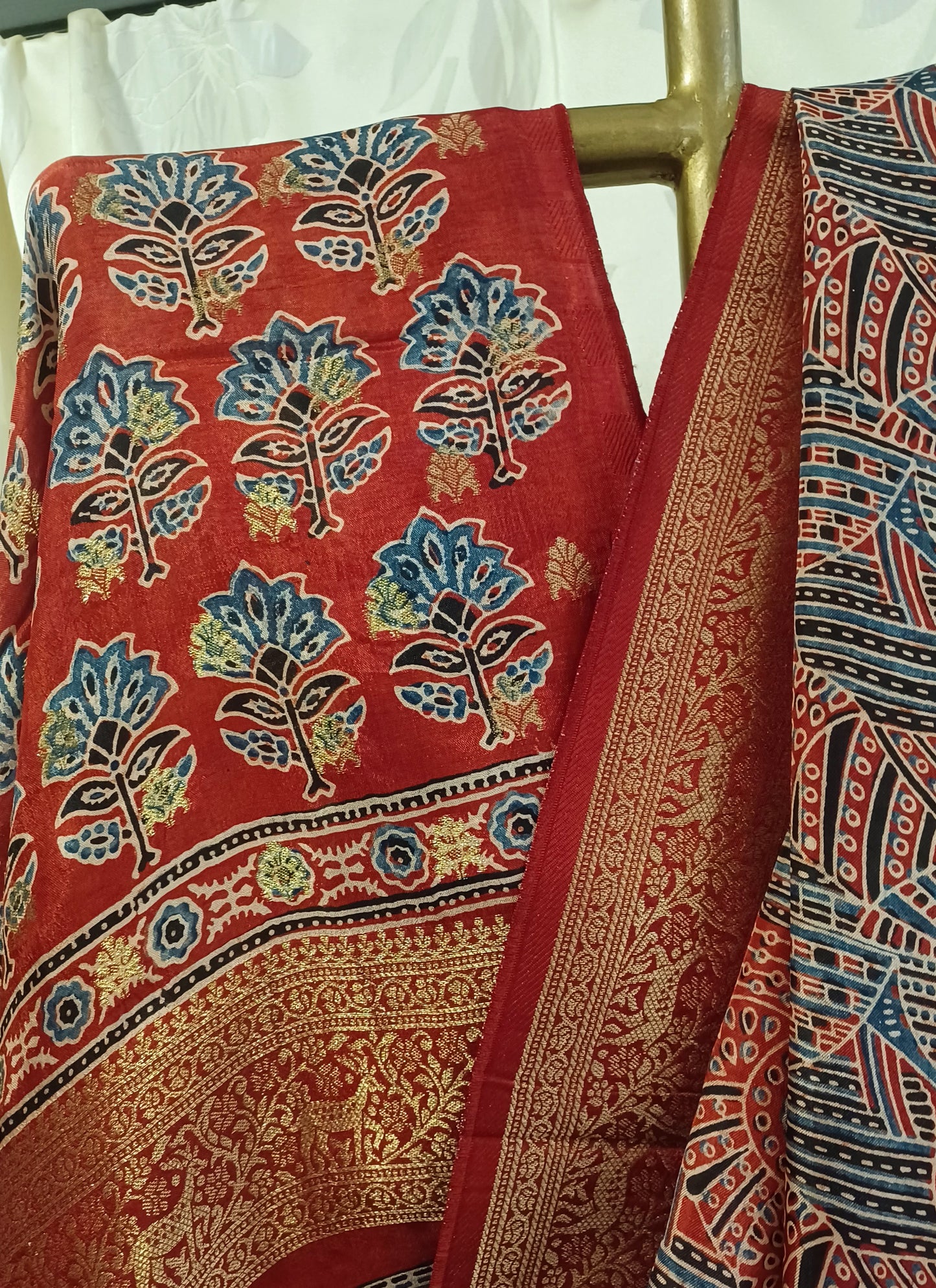 Red with Indigo and black Dola Silk Ajrakh print saree