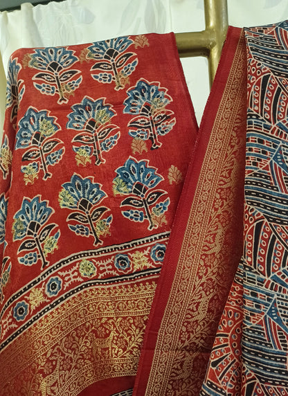 Red with Indigo and black Dola Silk Ajrakh print saree