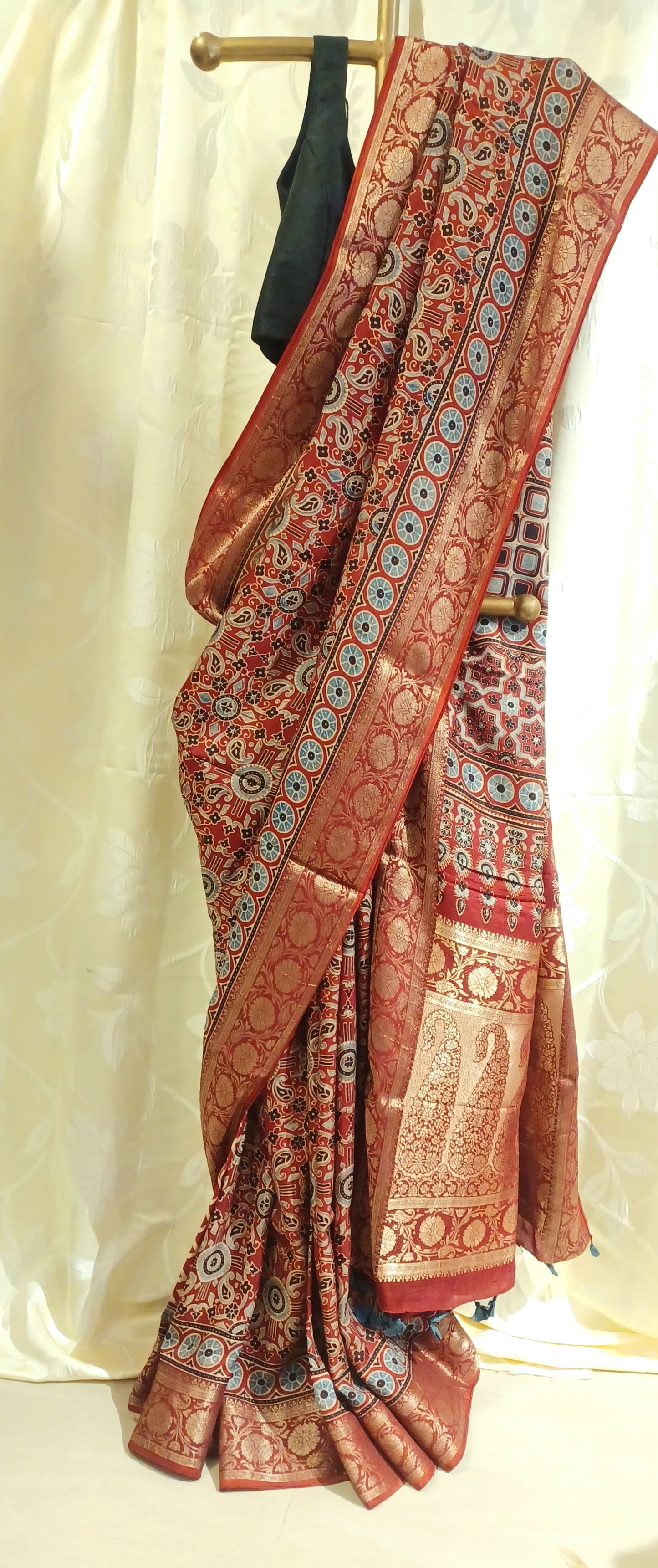 Red with Indigo and black Dola Silk Ajrakh print saree