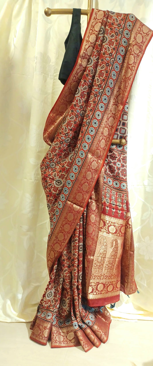 Red with Indigo and black Dola Silk Ajrakh print saree