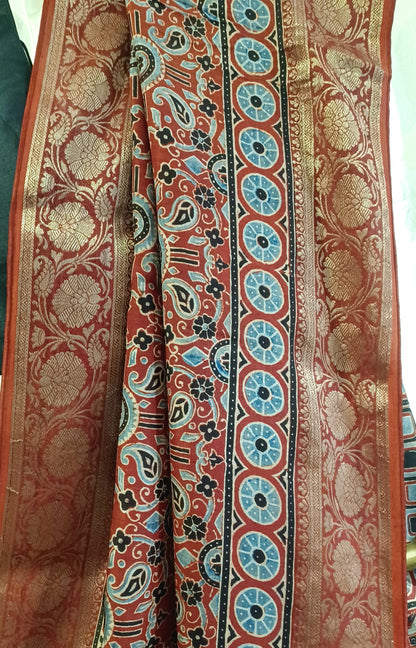 Red with Indigo and black Dola Silk Ajrakh print saree