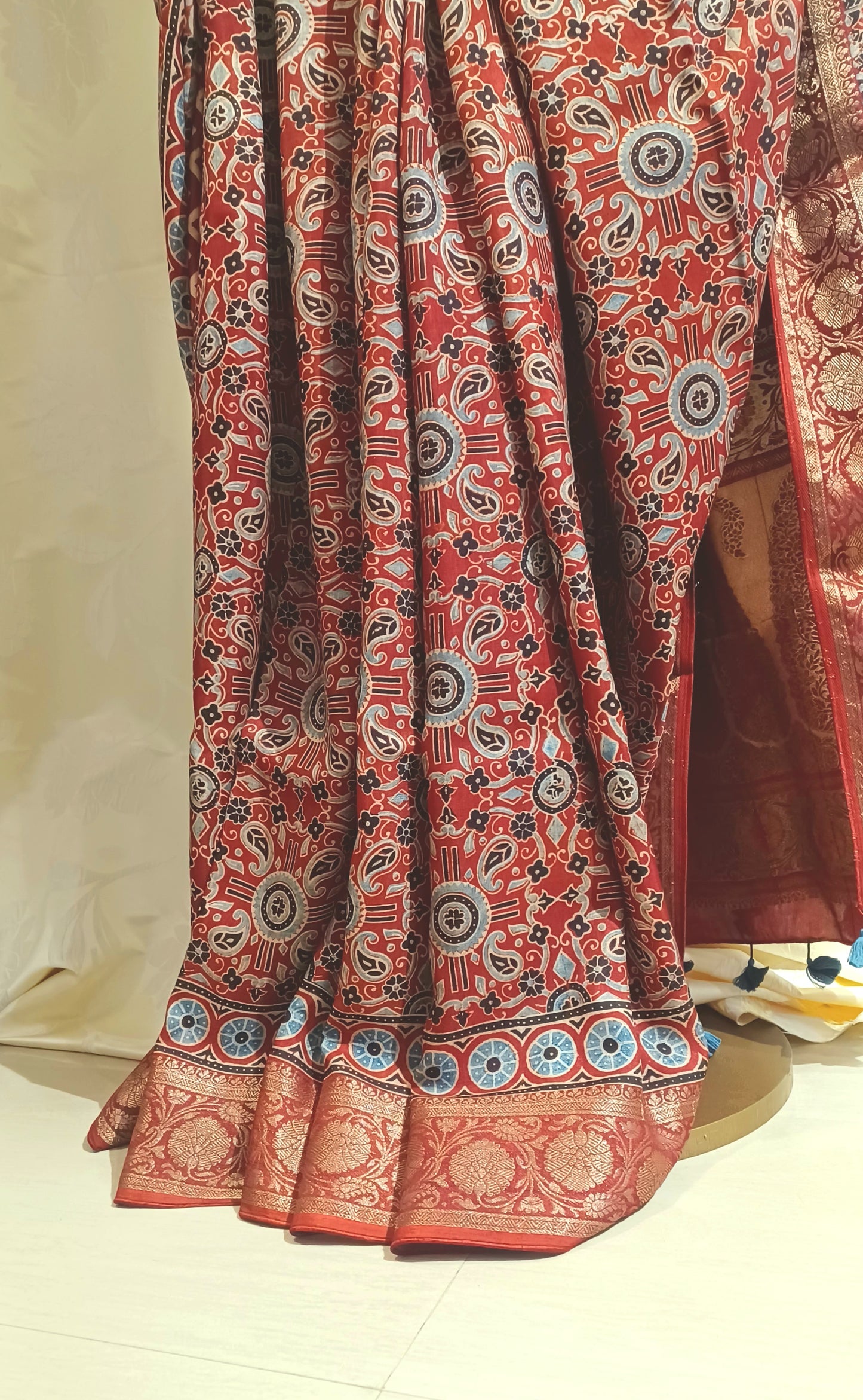 Red with Indigo and black Dola Silk Ajrakh print saree