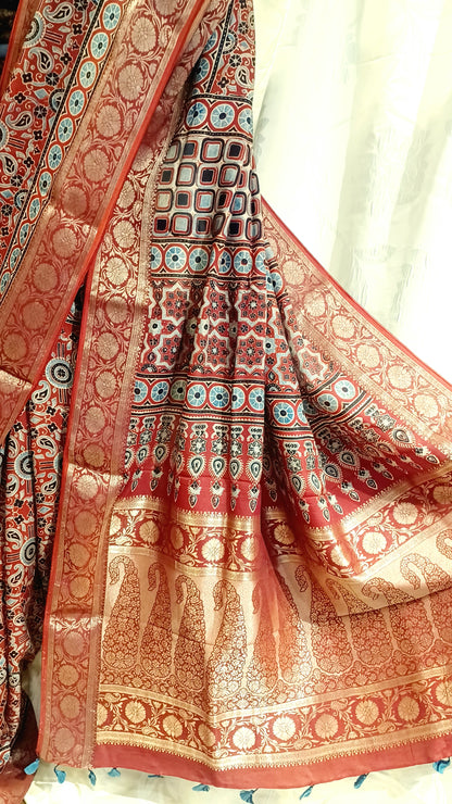 Red with Indigo and black Dola Silk Ajrakh print saree