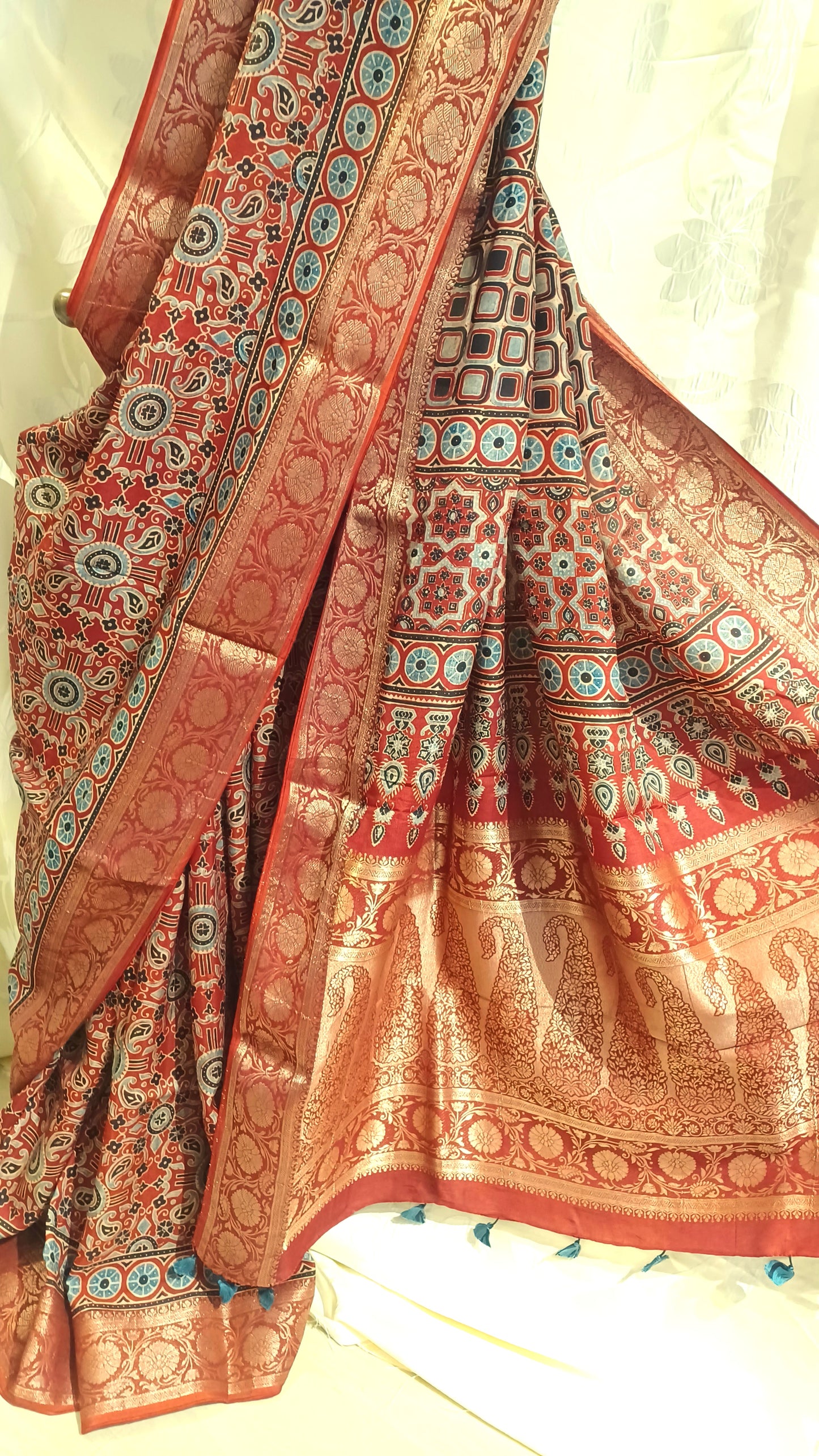 Red with Indigo and black Dola Silk Ajrakh print saree