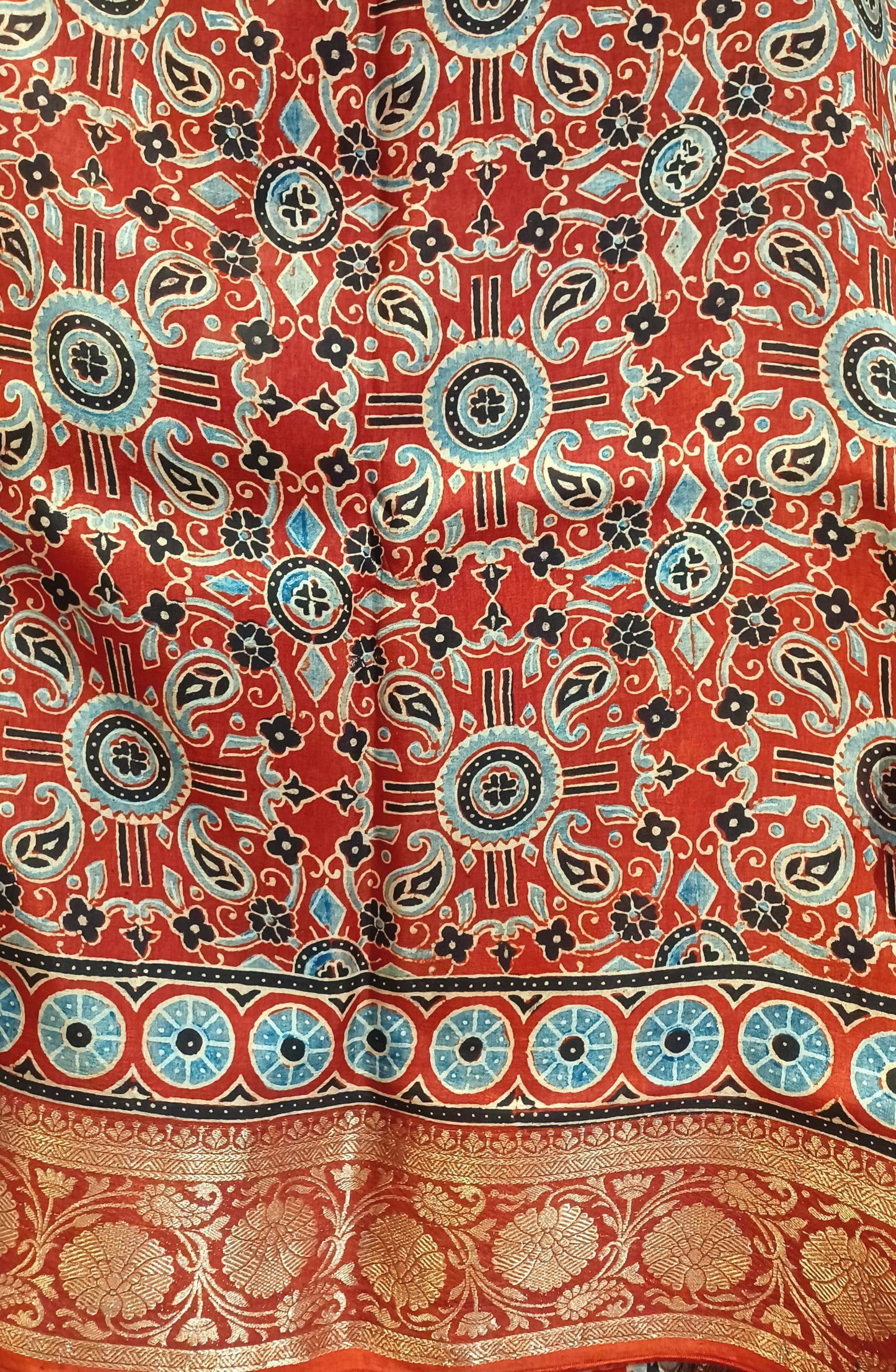 Red with Indigo and black Dola Silk Ajrakh print saree