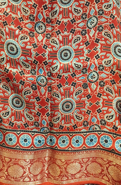Red with Indigo and black Dola Silk Ajrakh print saree