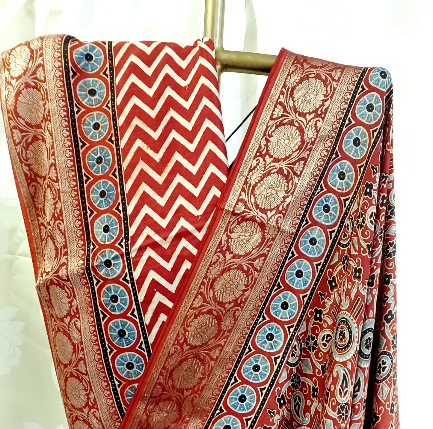 Red with Indigo and black Dola Silk Ajrakh print saree