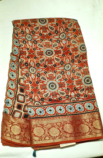Red with Indigo and black Dola Silk Ajrakh print saree