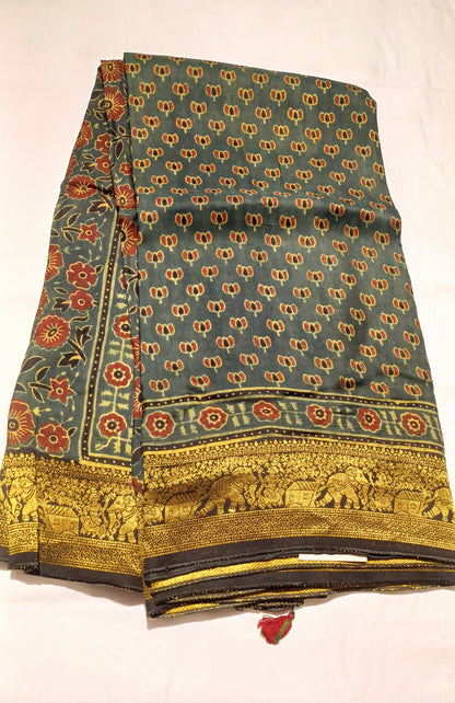 Dark Green Dola silk Ajrakh print saree